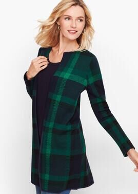 Talbots 100% Merino Wool Plaid Tartan Cardigan Open Front Long Preppy Sweater